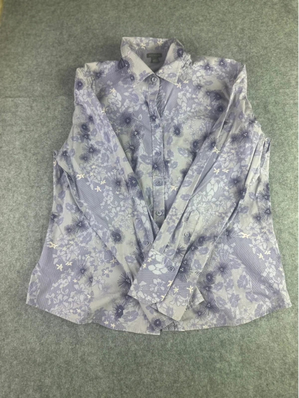 Ann Taylor Floral Button Front Blouse Size 12 Lavender Navy Long Sleeve